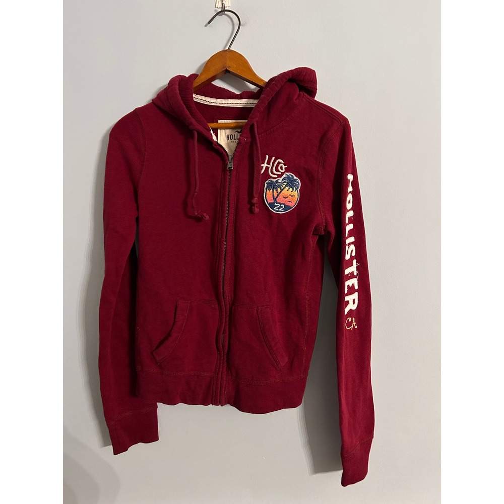 Hollister Burgundy Full Zip Hoodie Maroon Palm Tree Patch Graphic Sleeve Mens M